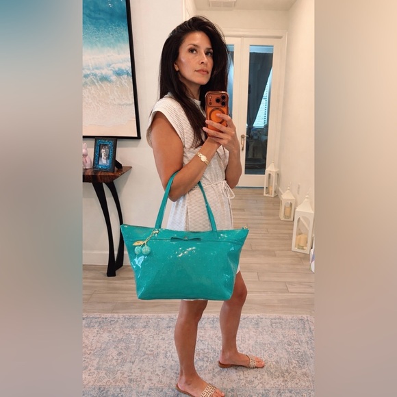 Kate Spade Sophie Camellia Street Teal Tote w Gold Hardware & Matching Cherries - Picture 3 of 17